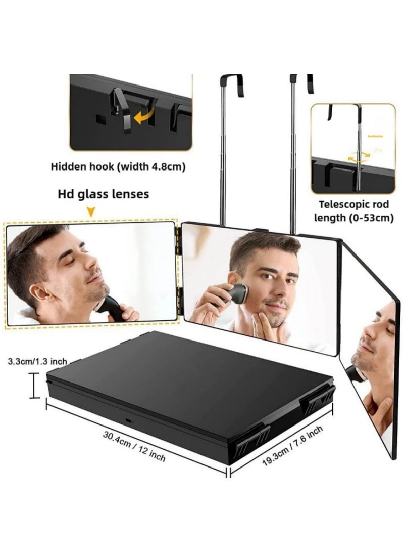 3 Way LED Vanity Mirror 360 Degree Rotation with Telescoping Hook for Hair Cutting Portable Trifold Makeup Travel Mirror Height Adjustable - Image 4